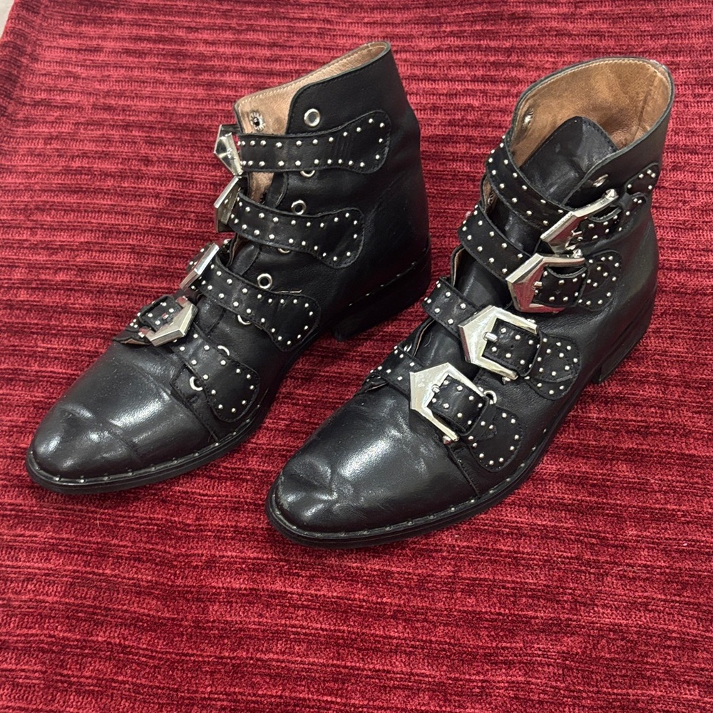 Black Studded Leather Ankle Boots with Buckles - Women's